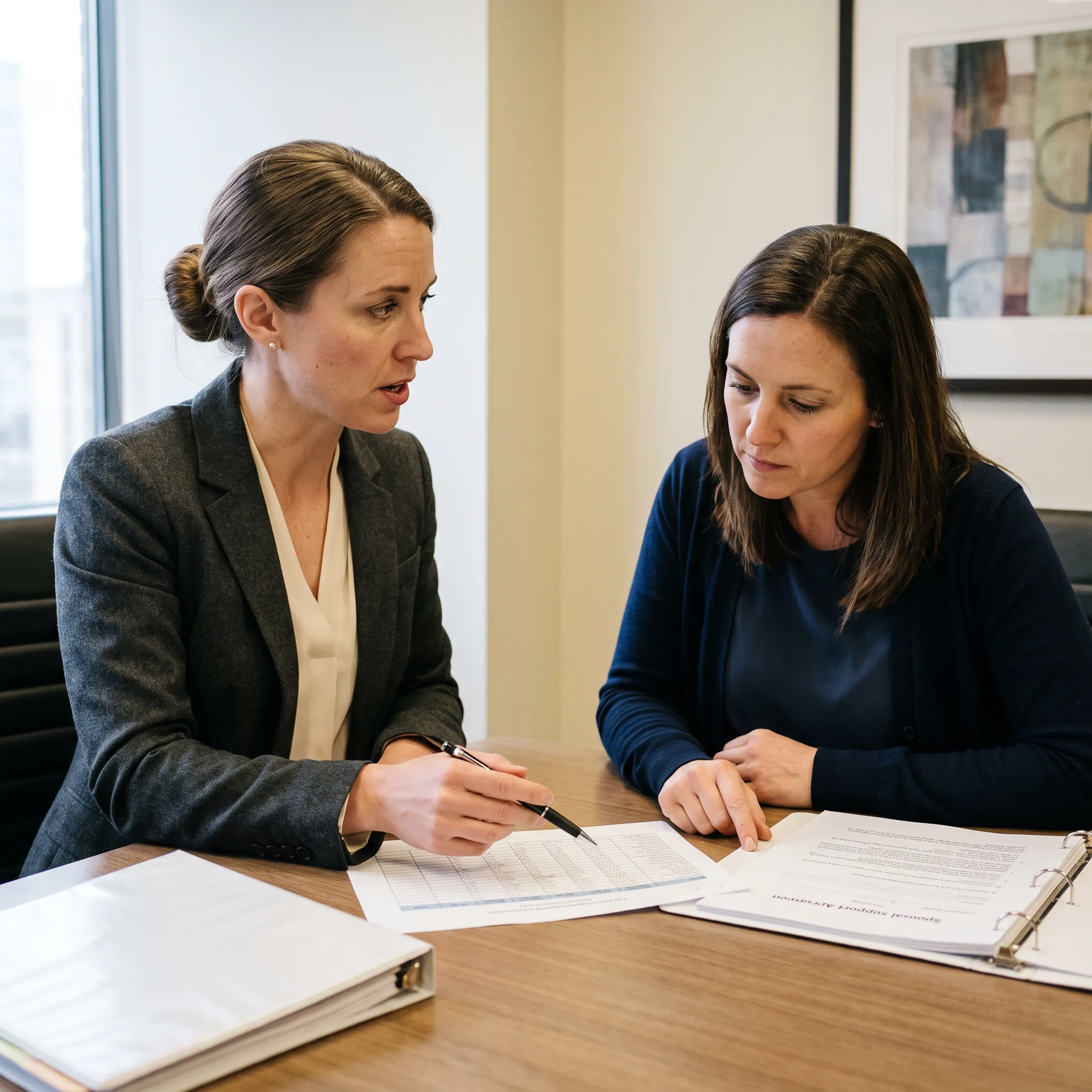 Family law attorney discussing spousal support options with a client