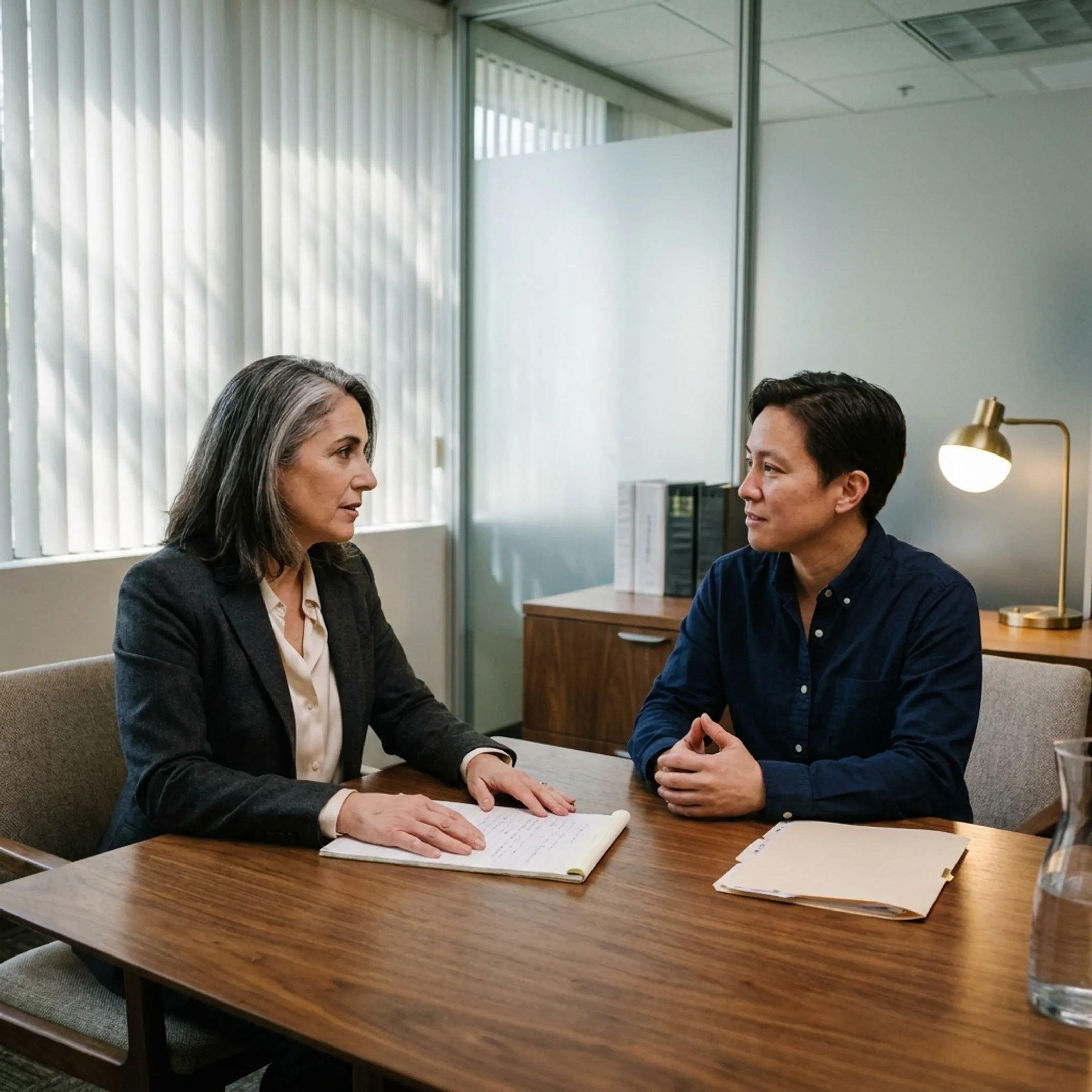 Family law attorney discussing legal strategy with a client in a modern office