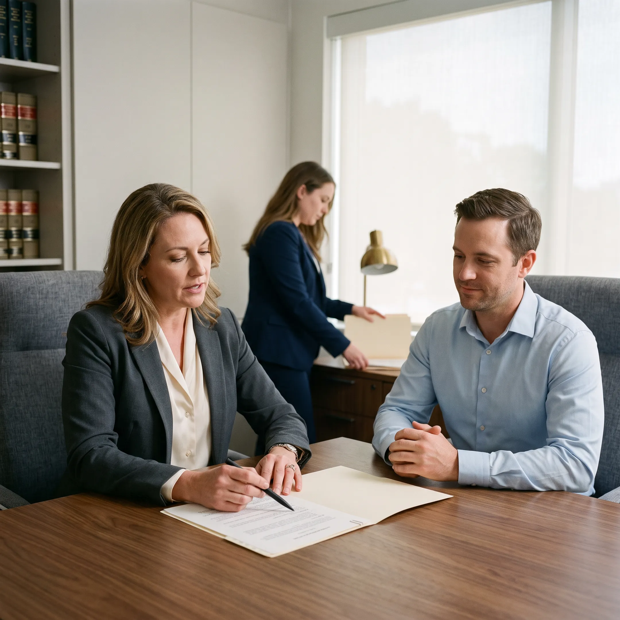 Experienced family law and divorce attorneys consulting with clients in a conference room
