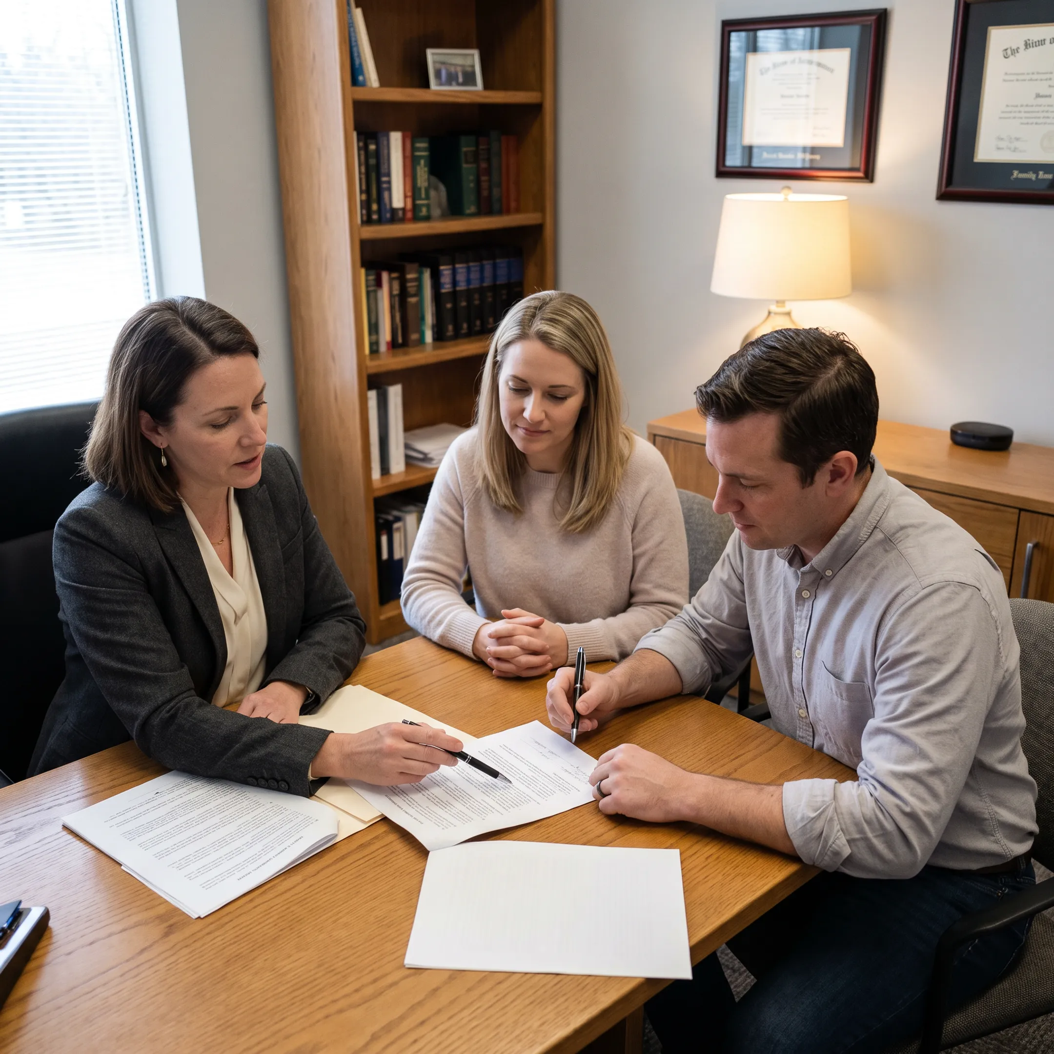 Uncontested divorce attorney discussing settlement paperwork with clients