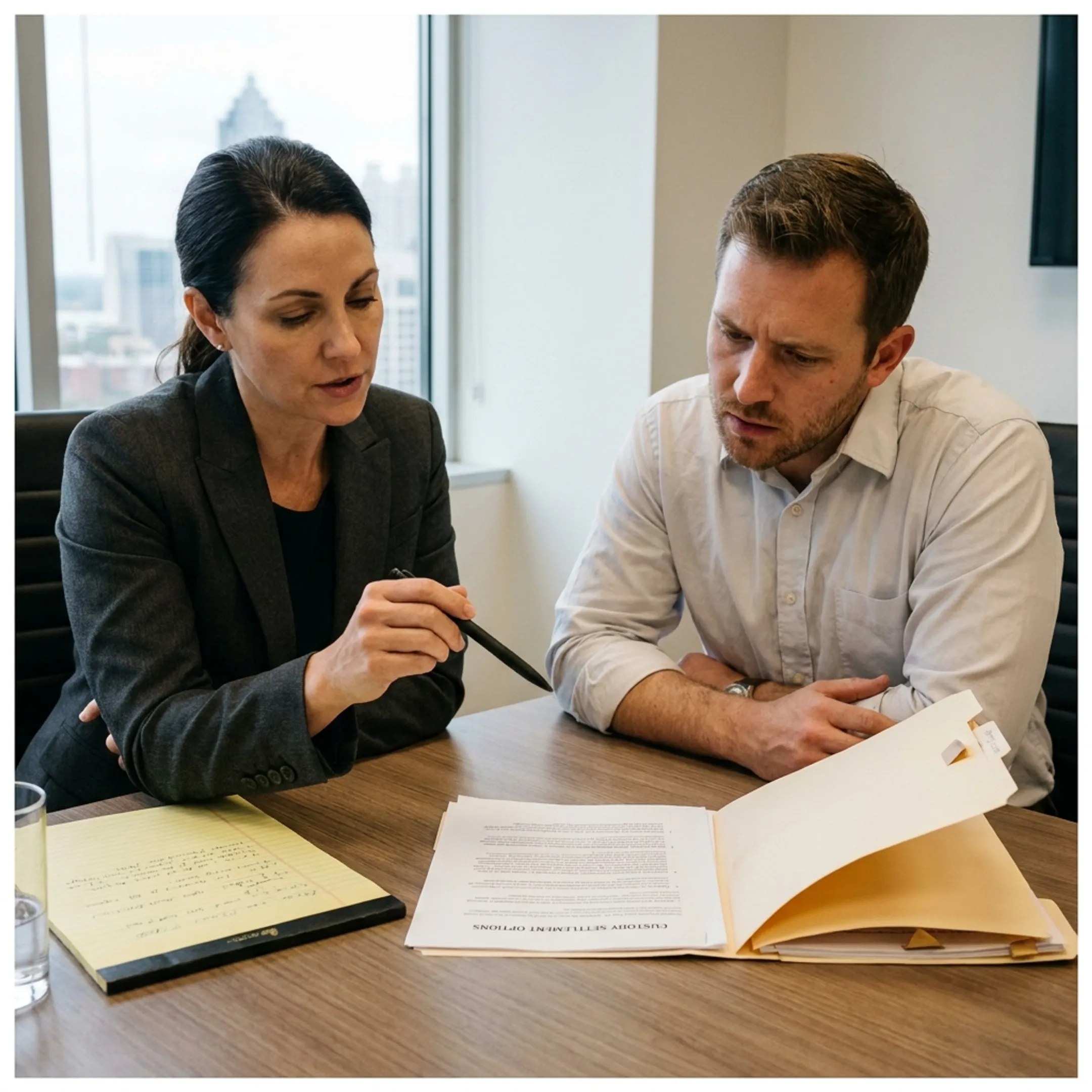 Family law attorney advising a father on parental rights and custody agreements.