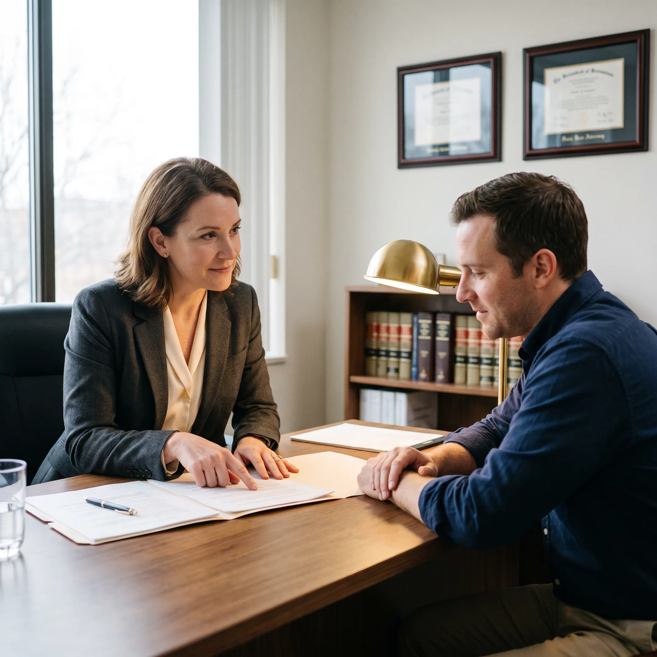 Fathers' rights lawyer discussing child custody documentation with a client in a conference room.