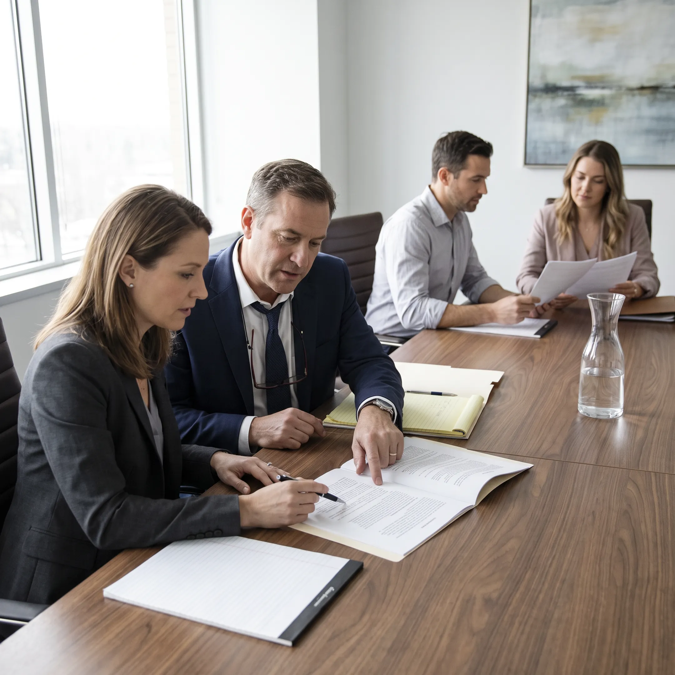 Uncontested divorce attorneys discussing settlement agreement with clients