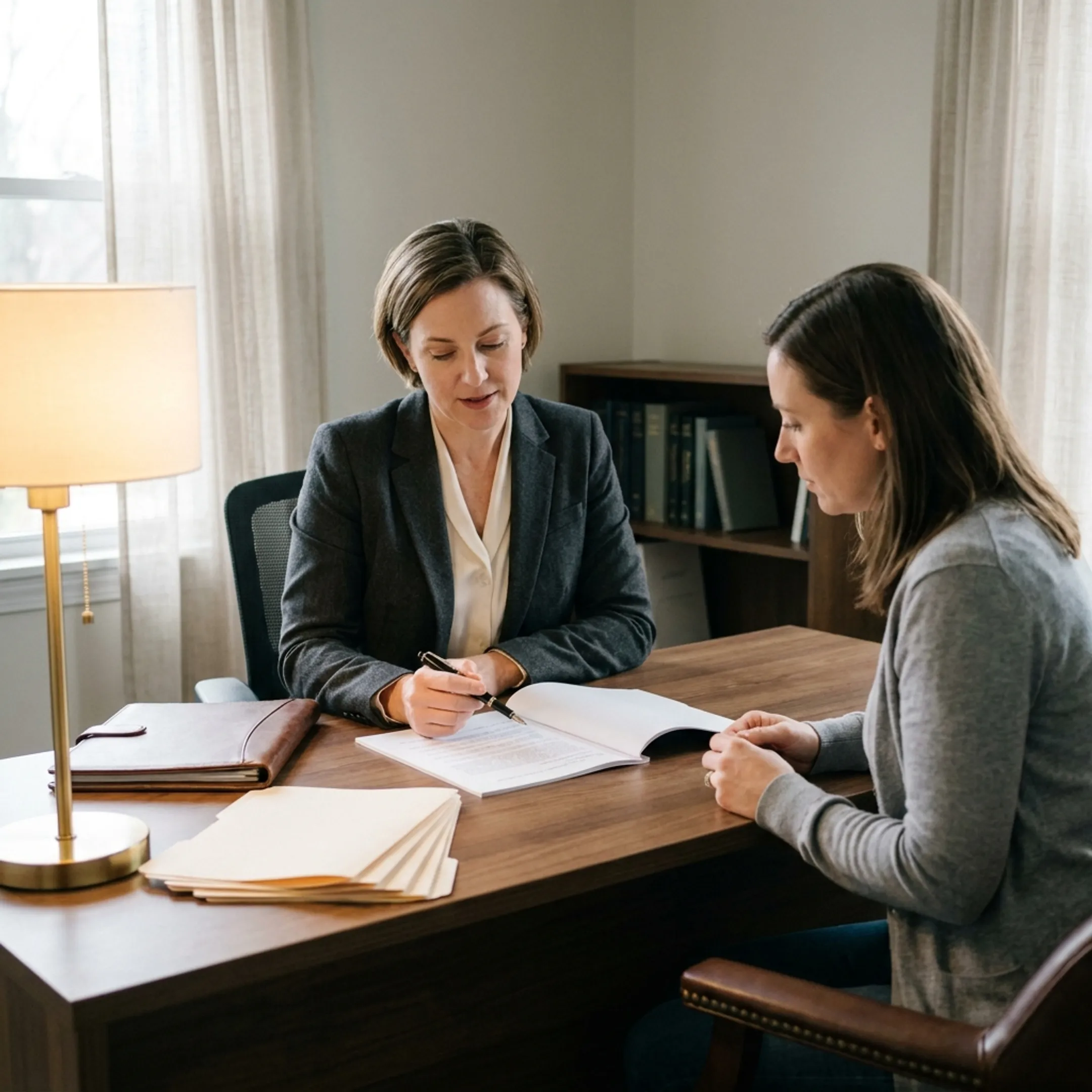 Attorney guiding client through sequential steps of uncontested divorce paperwork