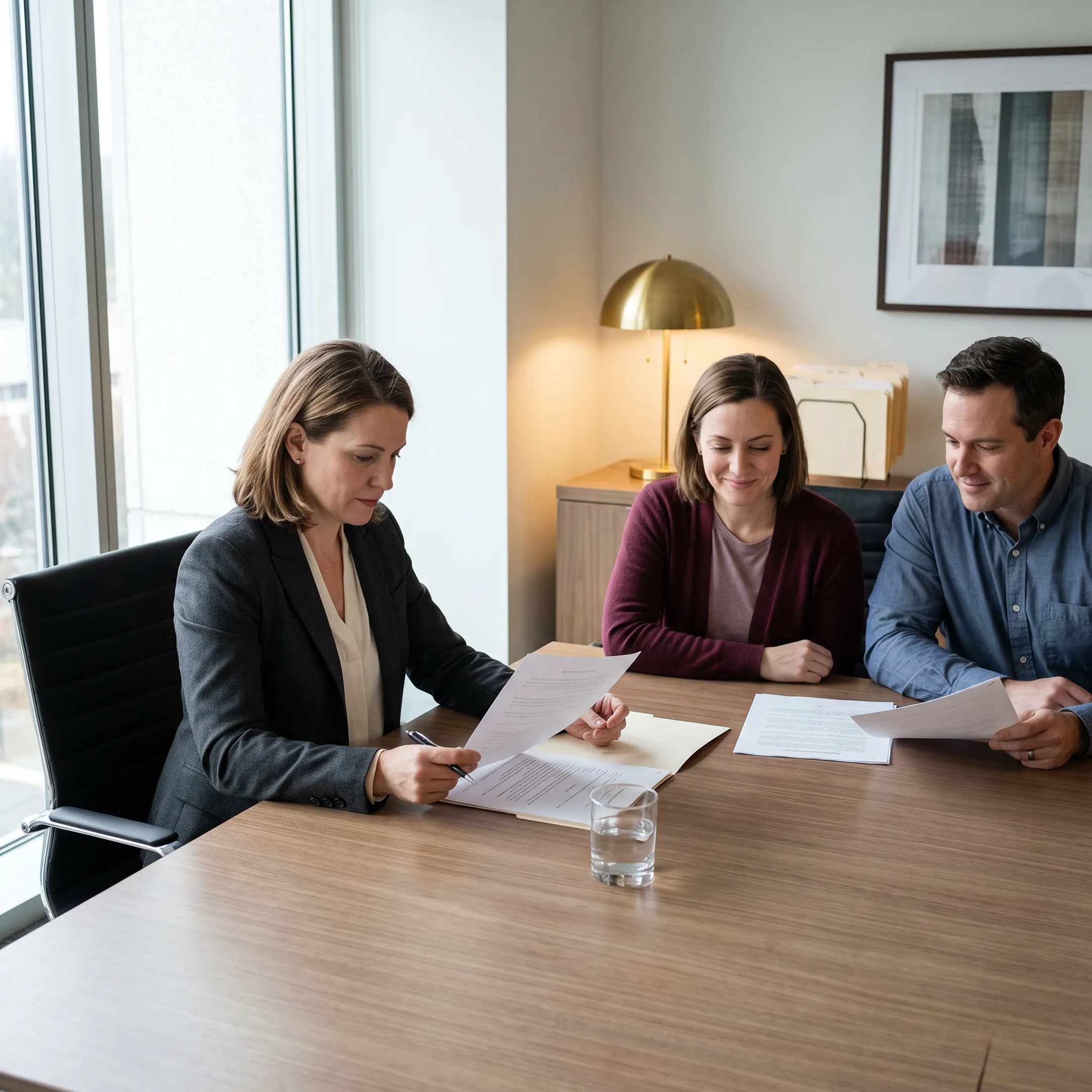 Uncontested divorce attorney discussing settlement paperwork with clients in an office