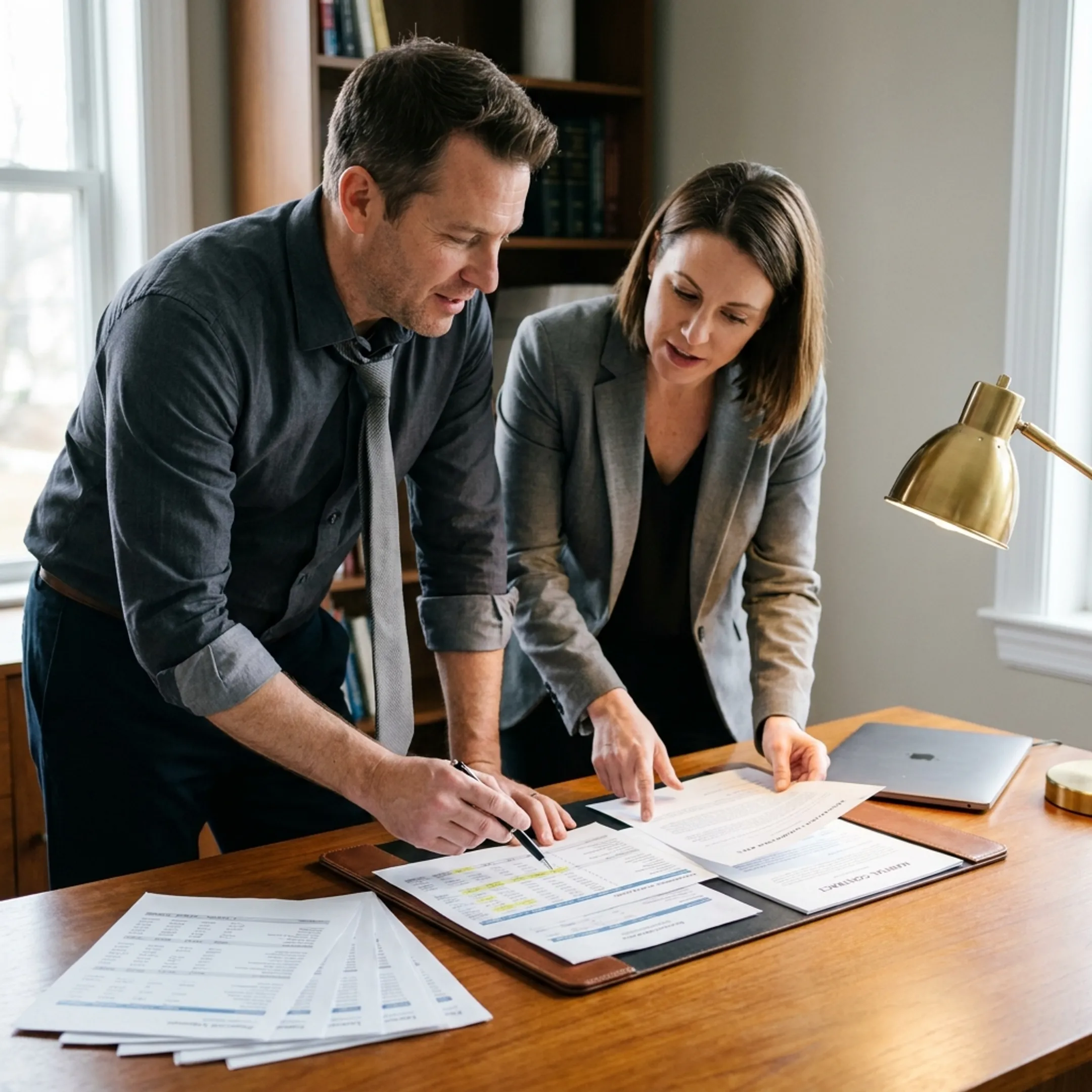 Attorneys examining financial records and property deeds during a legal consultation