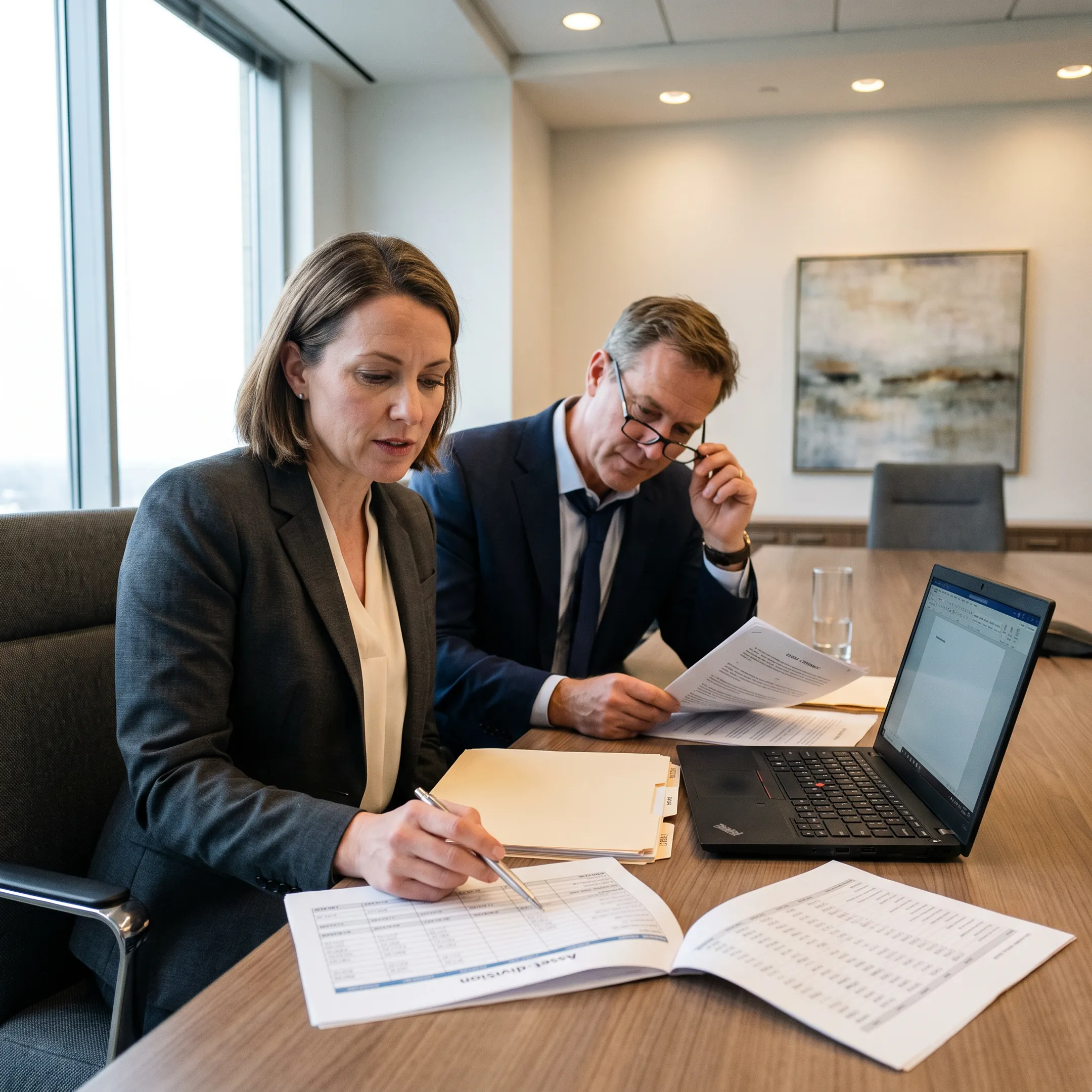 Property division lawyers discussing marital asset distribution documents in a professional legal office