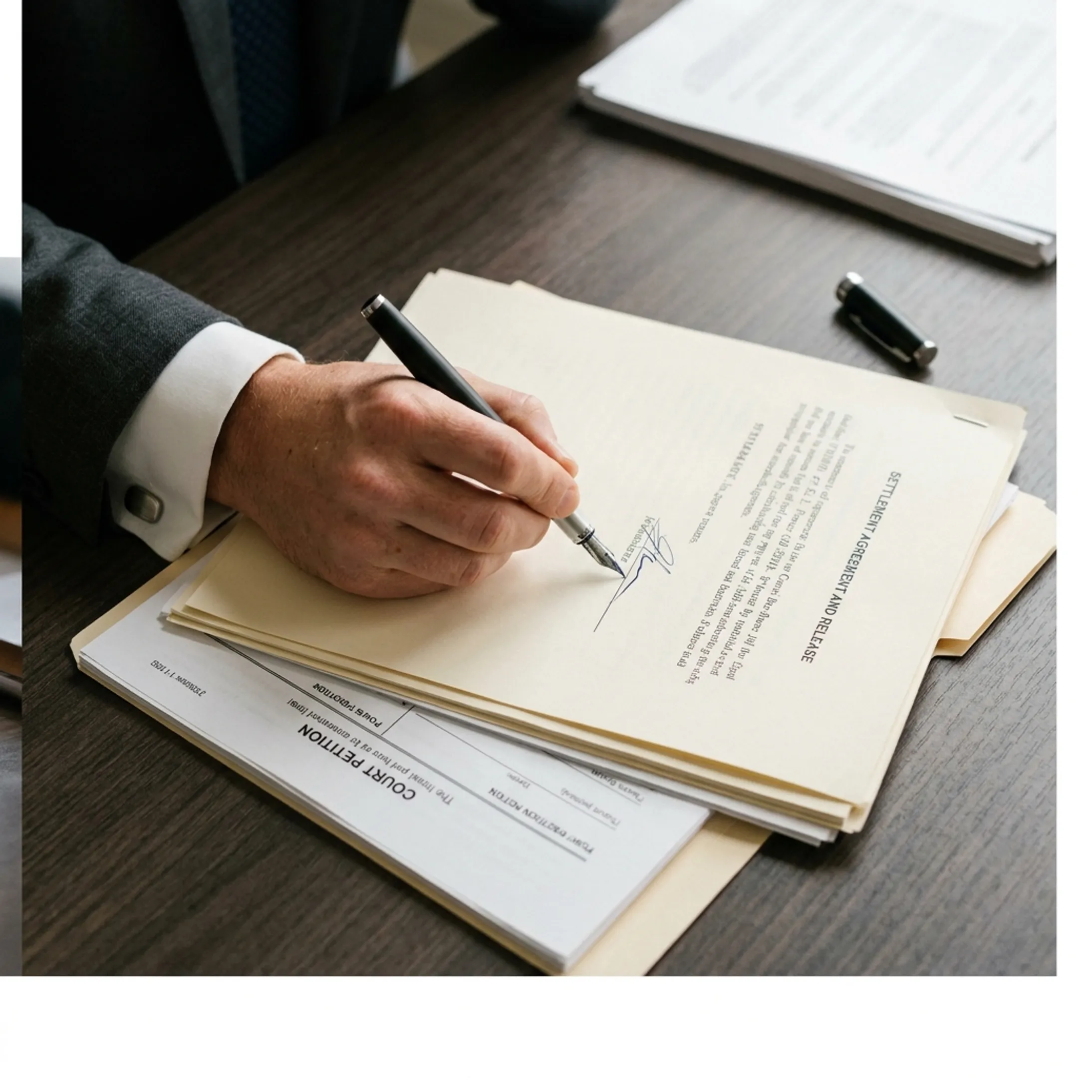 Divorce attorney preparing marital settlement forms and legal paperwork