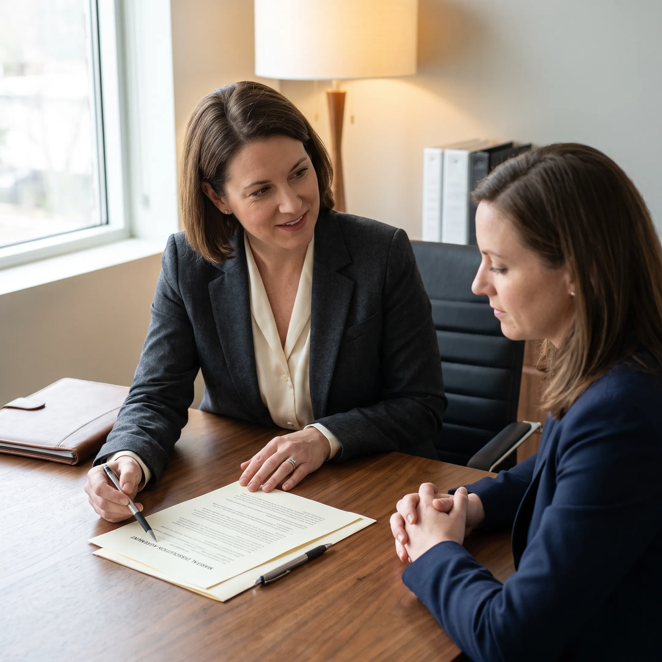 Uncontested divorce lawyer consulting with a client over settlement documents in an office