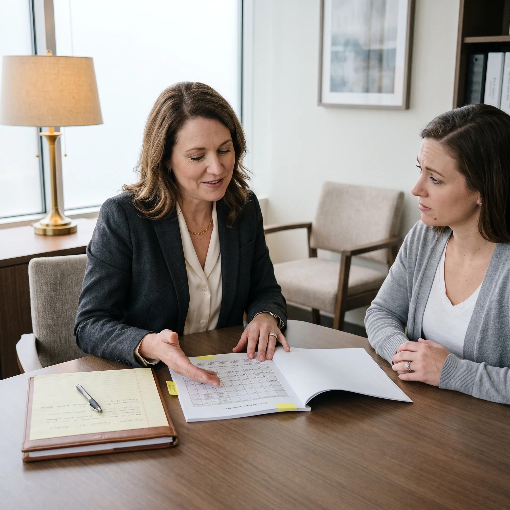 Child custody lawyer discussing parental rights with a parent in an office