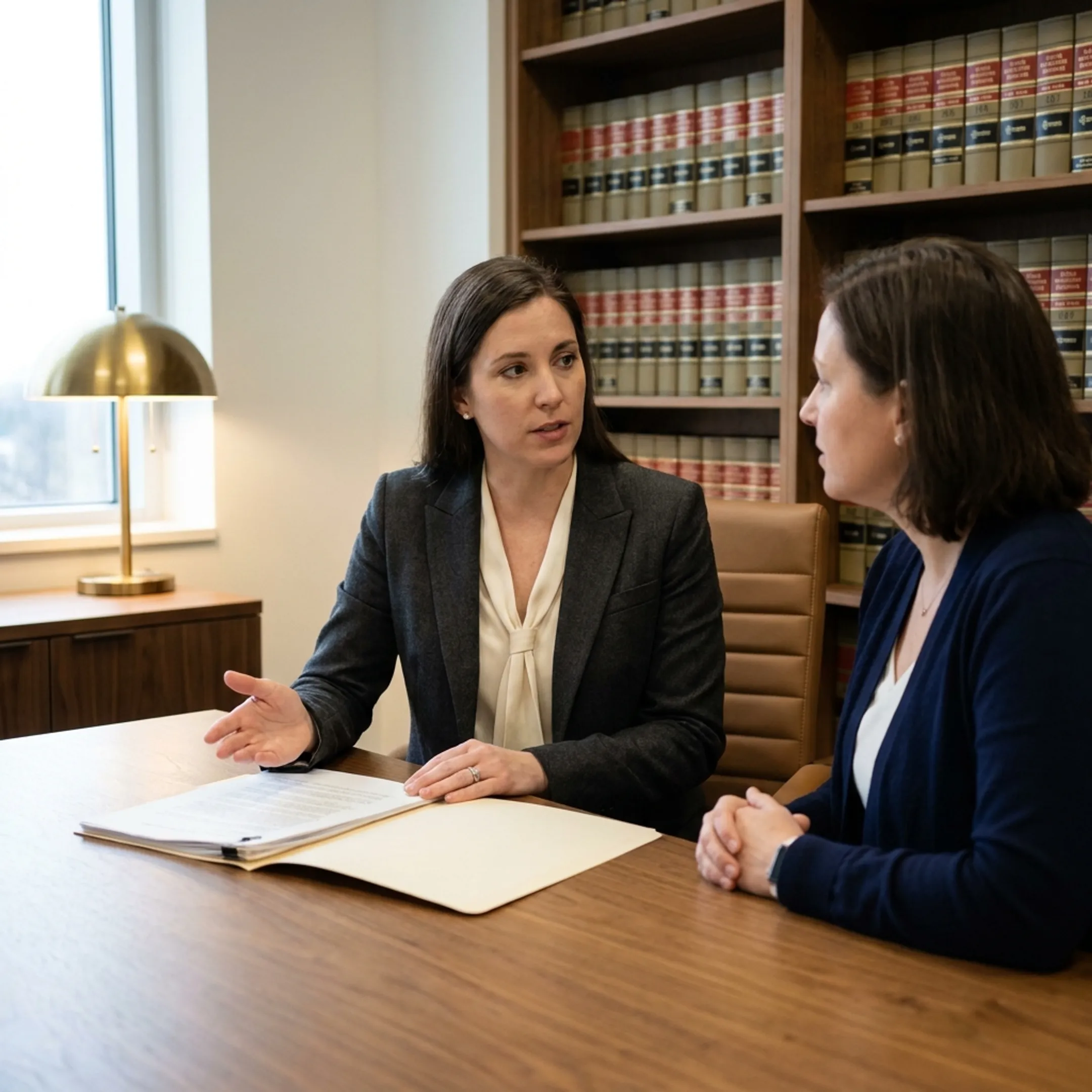 Family law attorney consulting with clients across a meeting table