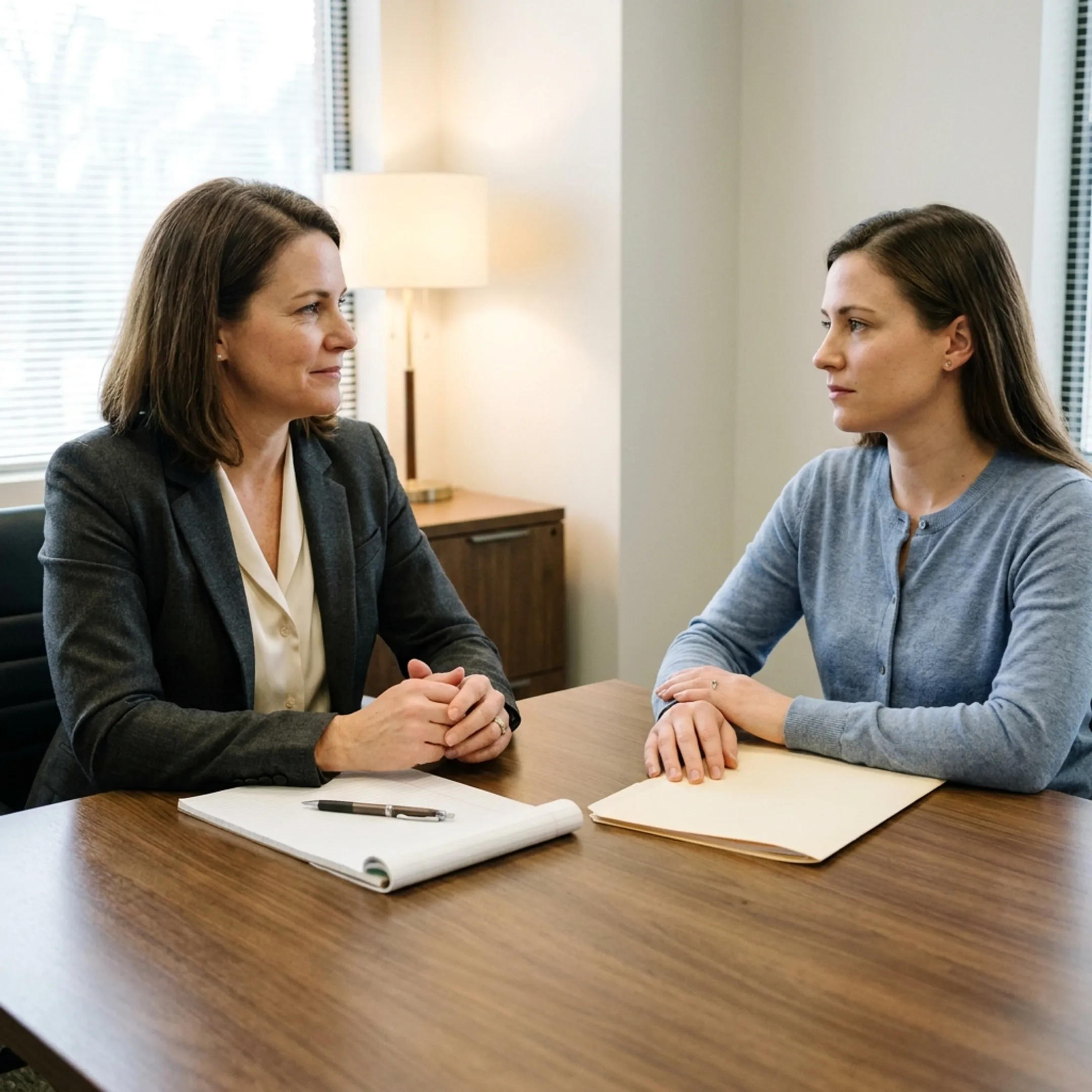 Domestic violence lawyer speaking confidentially with a family law client