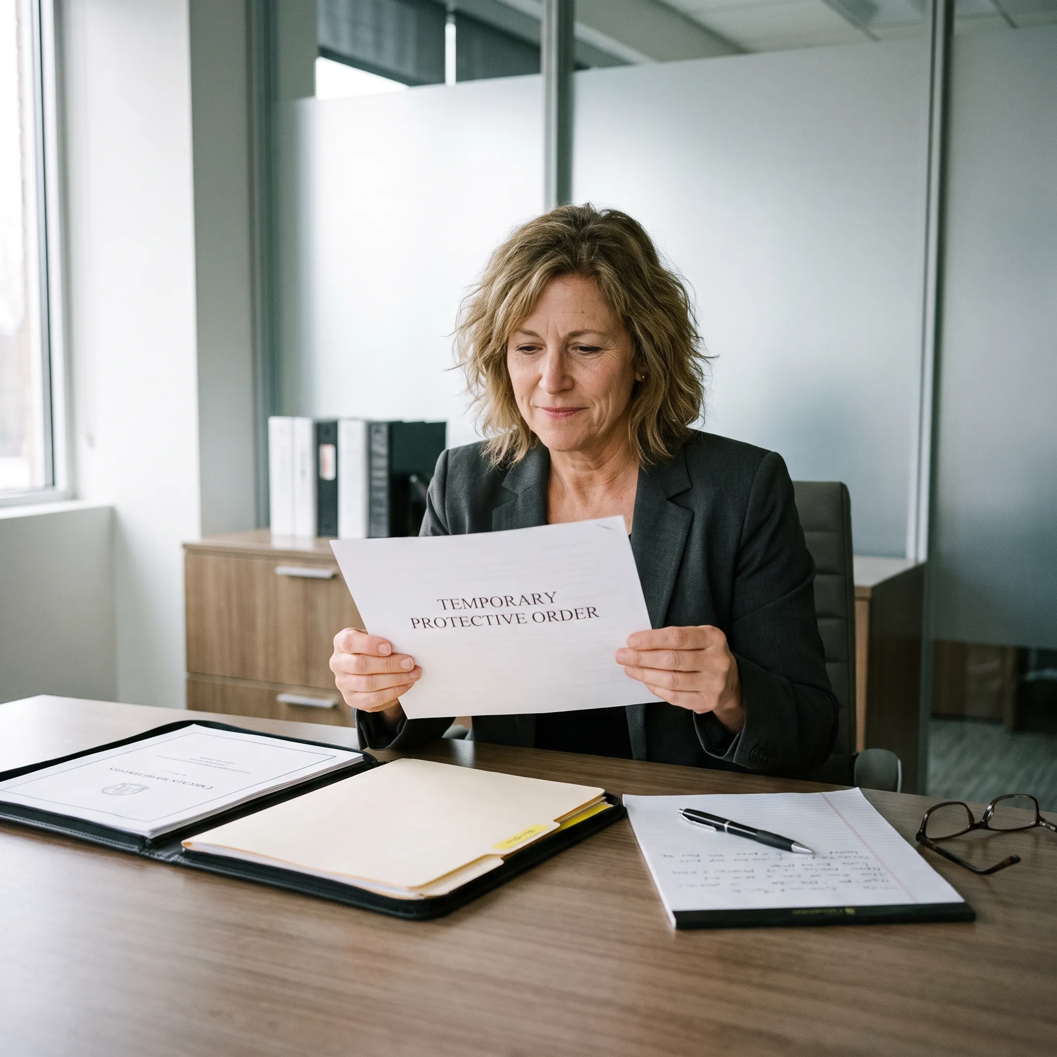 Experienced domestic violence attorney reviewing legal documents in an office setting