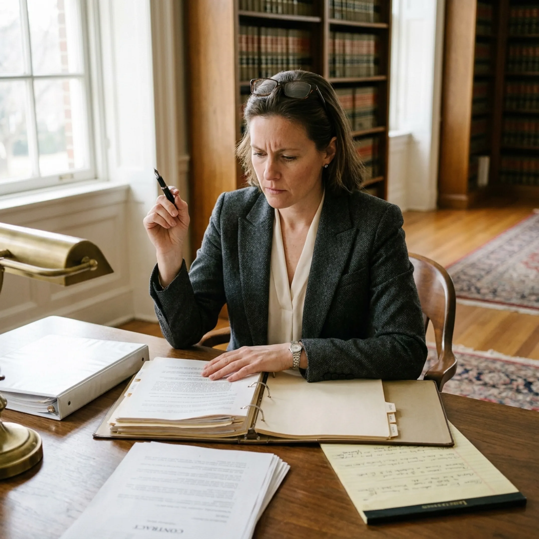 Experienced family lawyer reviewing Georgia divorce settlement documents in a law library