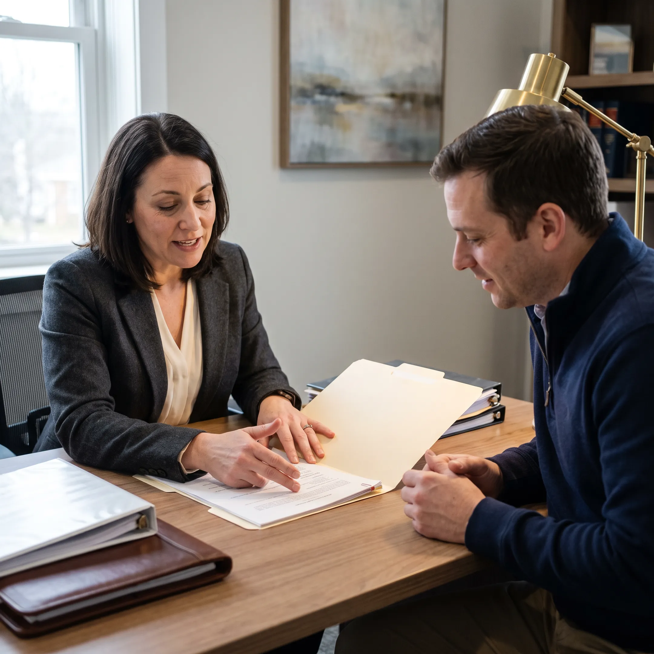 Divorce attorney discussing domestic relations legal paperwork with a client in an office setting