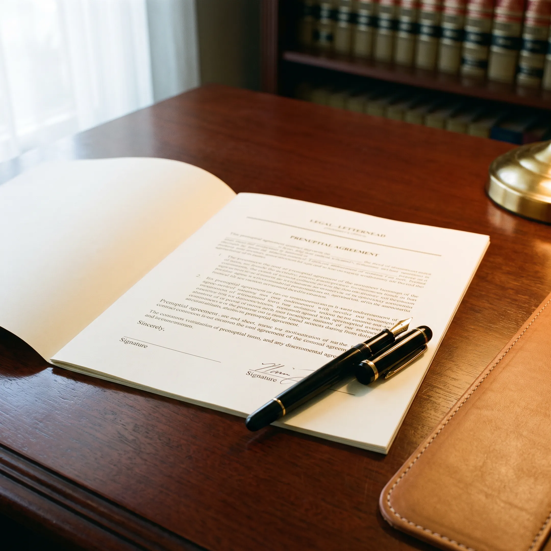 Prenuptial agreement document and fountain pen on a desk