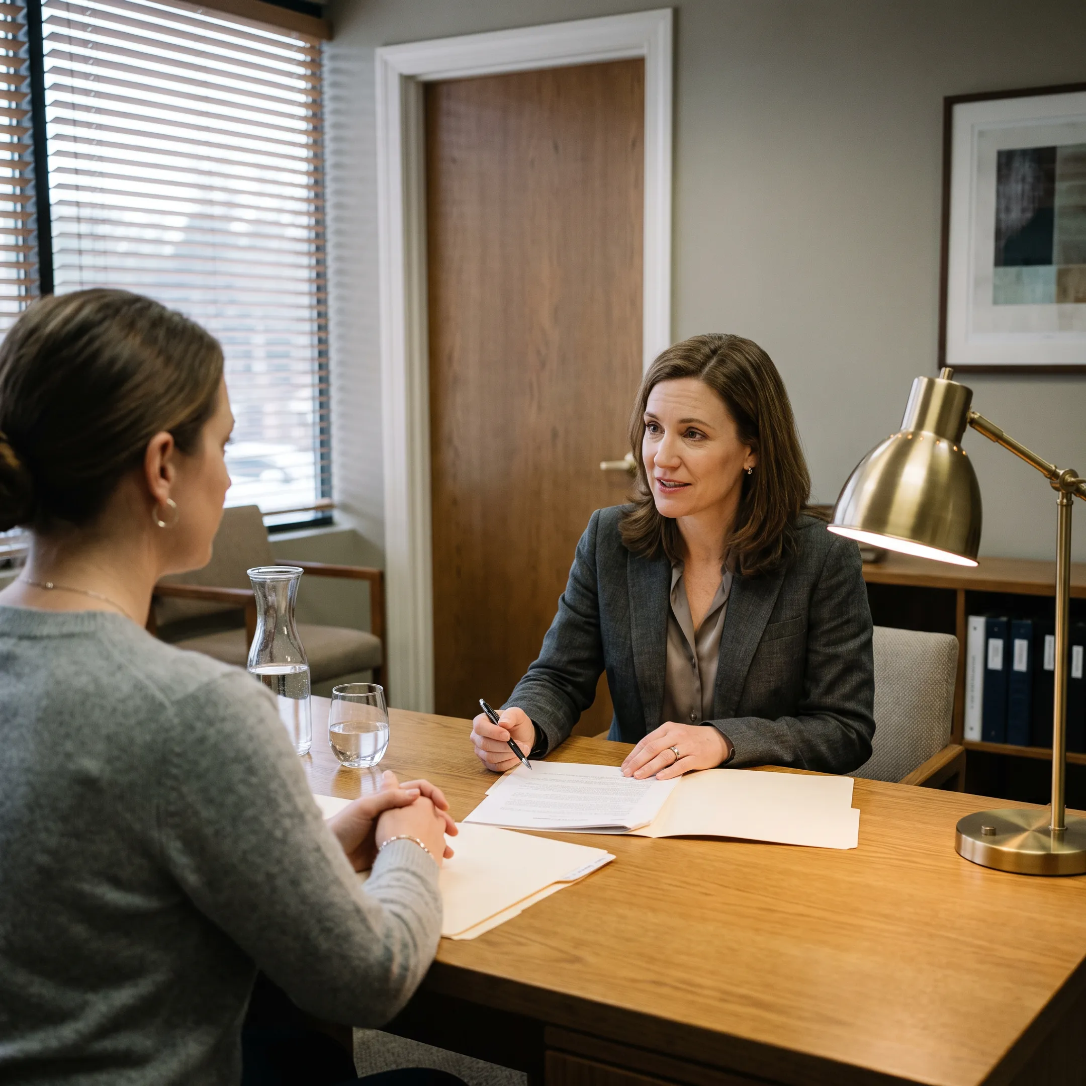 Family violence lawyer providing supportive consultation in a private office
