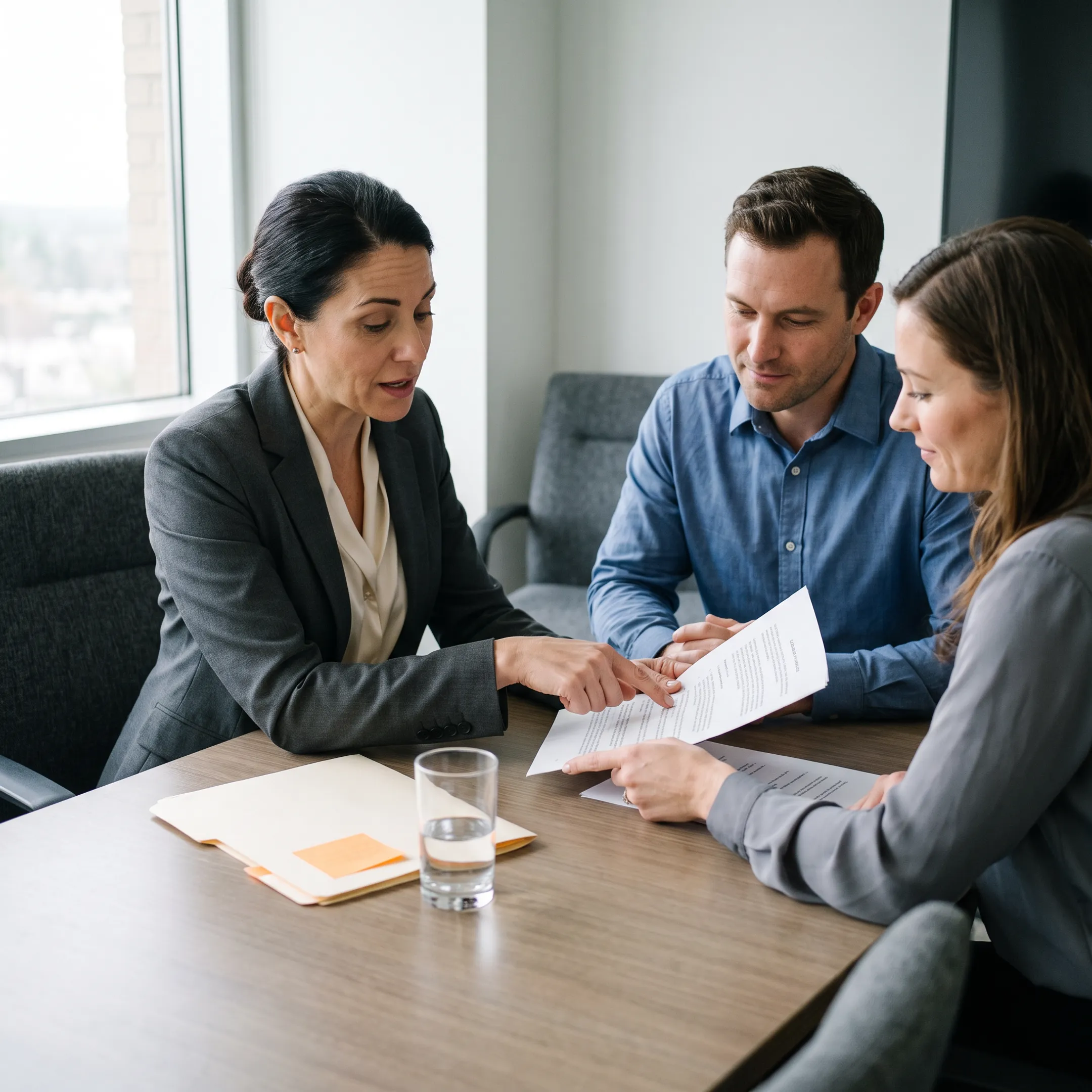 Spouses reviewing uncontested divorce paperwork in an office setting