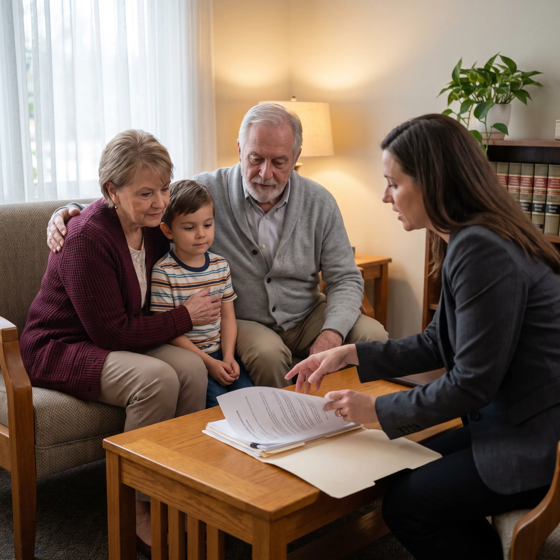 Grandparents smiling with grandchild during legal consultation