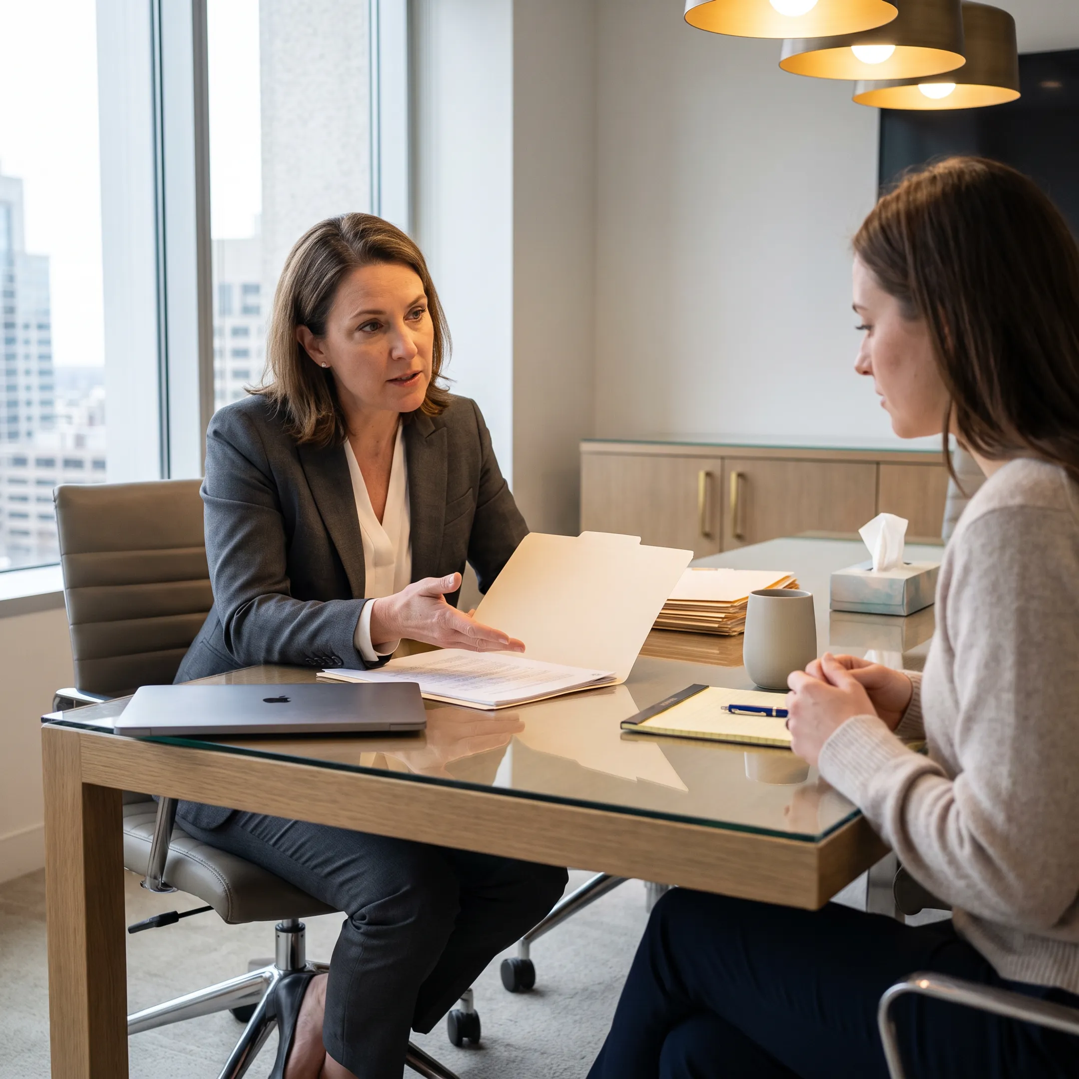 Protective order attorney discussing legal paperwork in an office