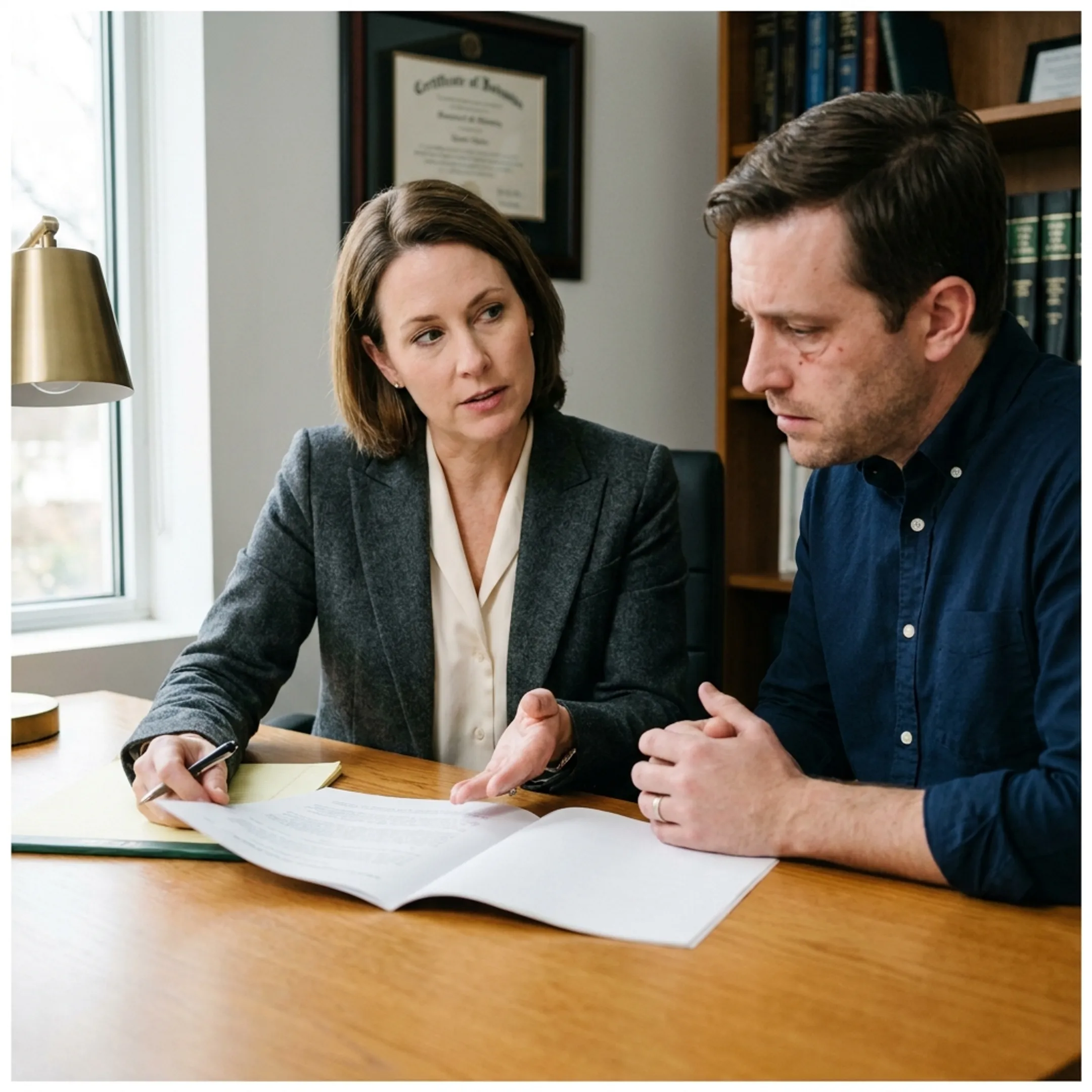 Family law attorney consulting with a parent over custody documents.