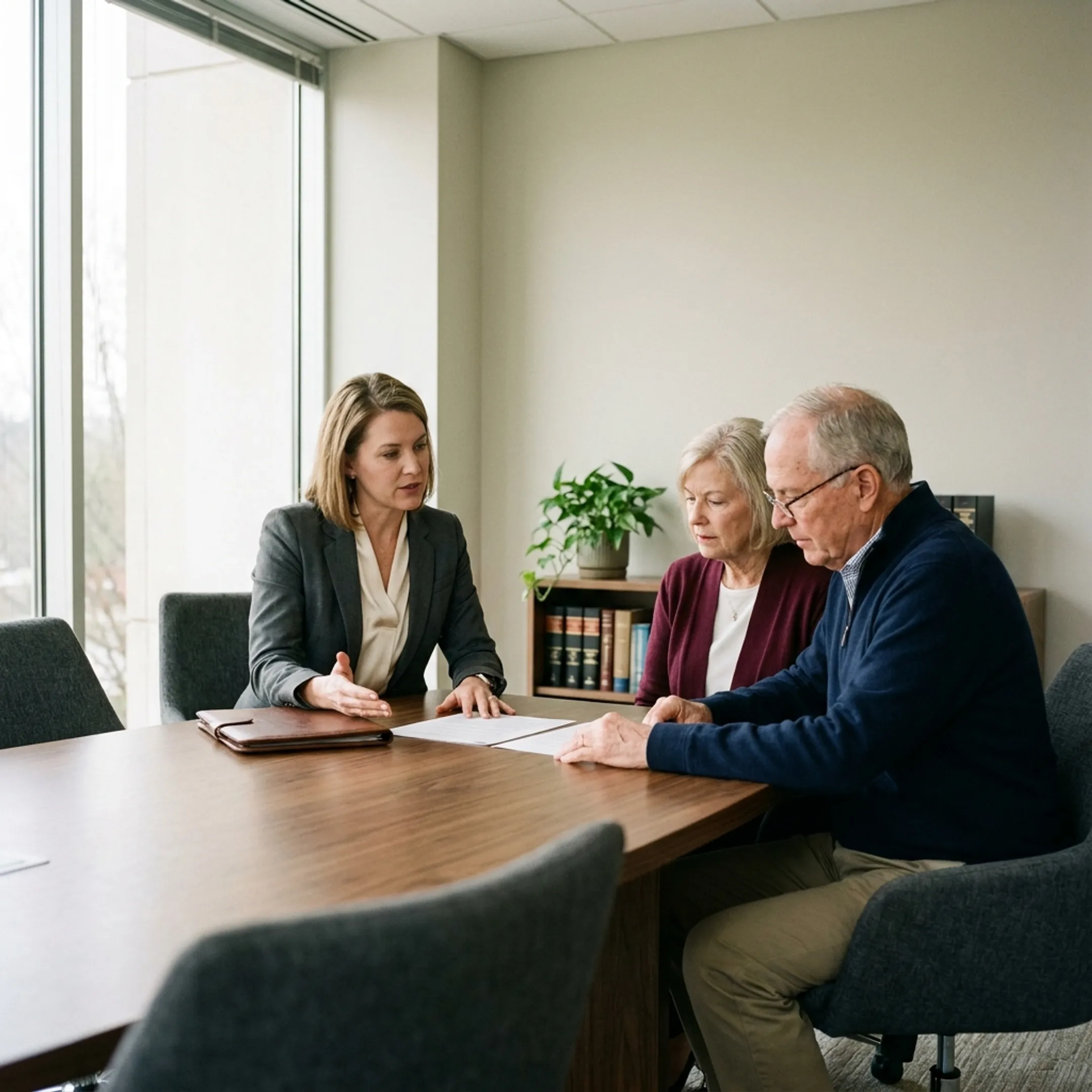 Attorney consulting with grandparents in an office setting
