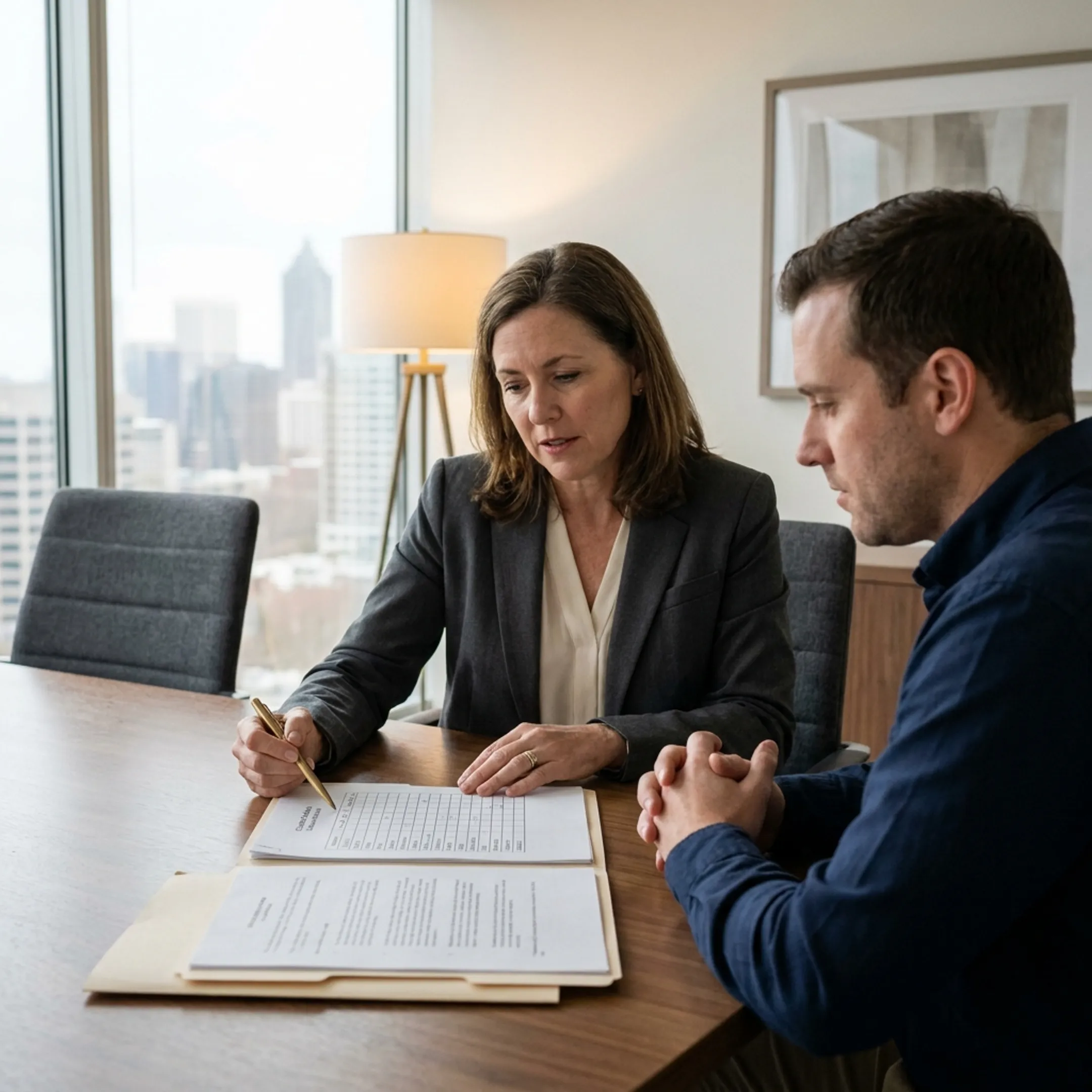 Family law attorney discussing legal documents with client