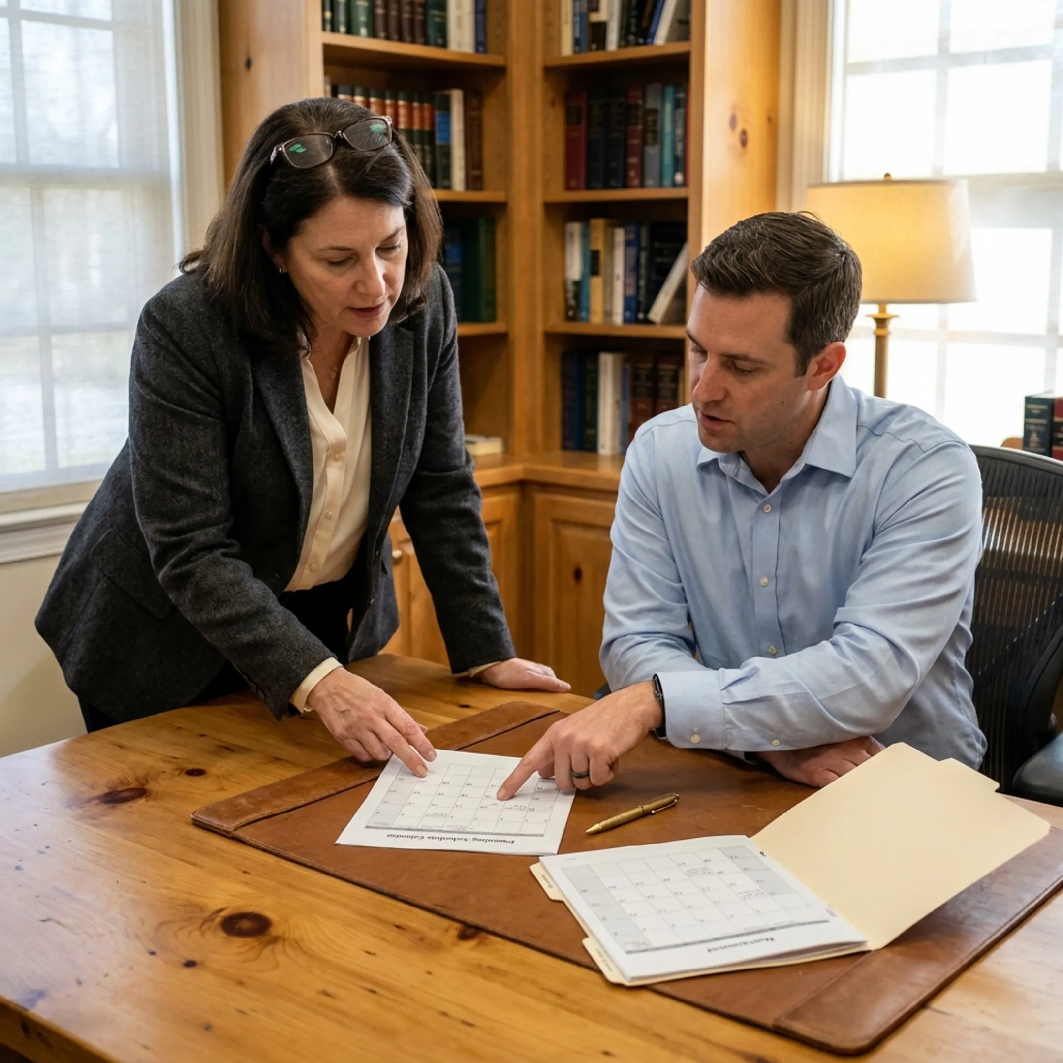 Family law attorney explaining parenting plan options to a client.