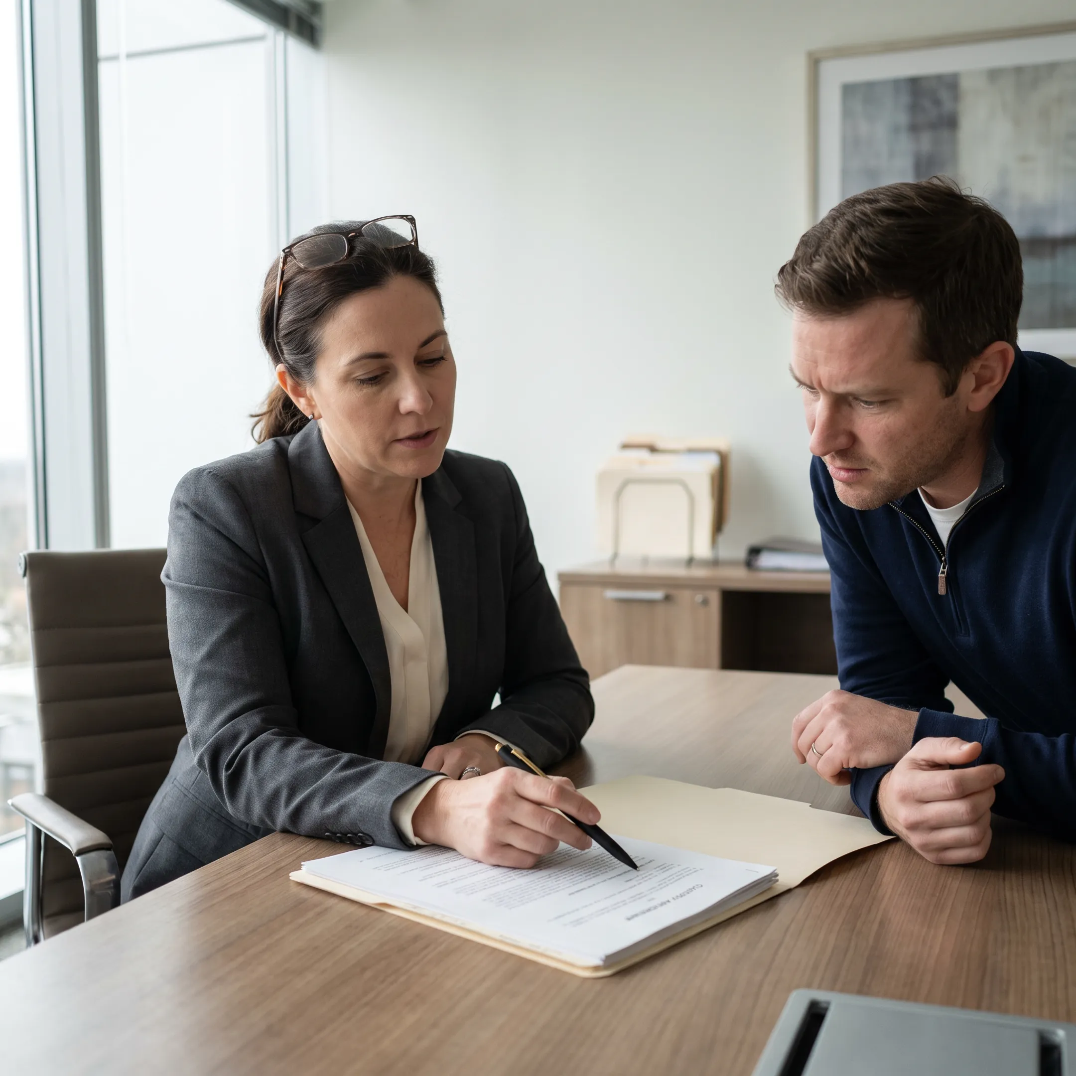 Child custody attorneys consulting with a parent in a modern legal office.