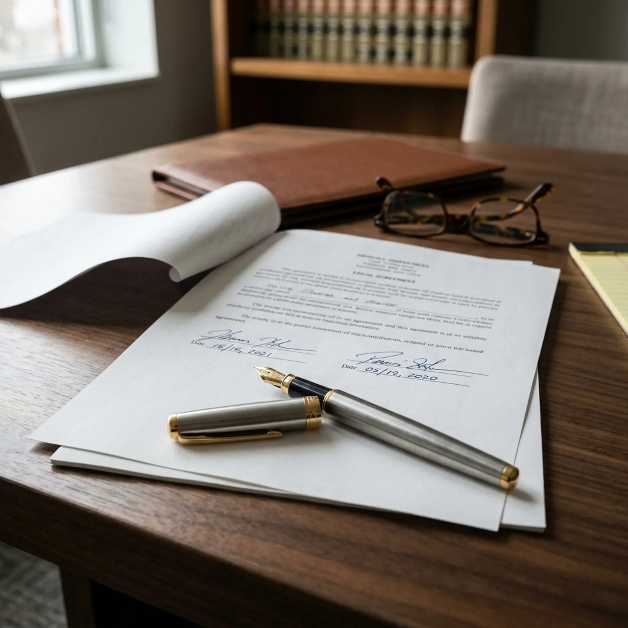 Close-up of signed prenuptial agreement on a wooden conference table