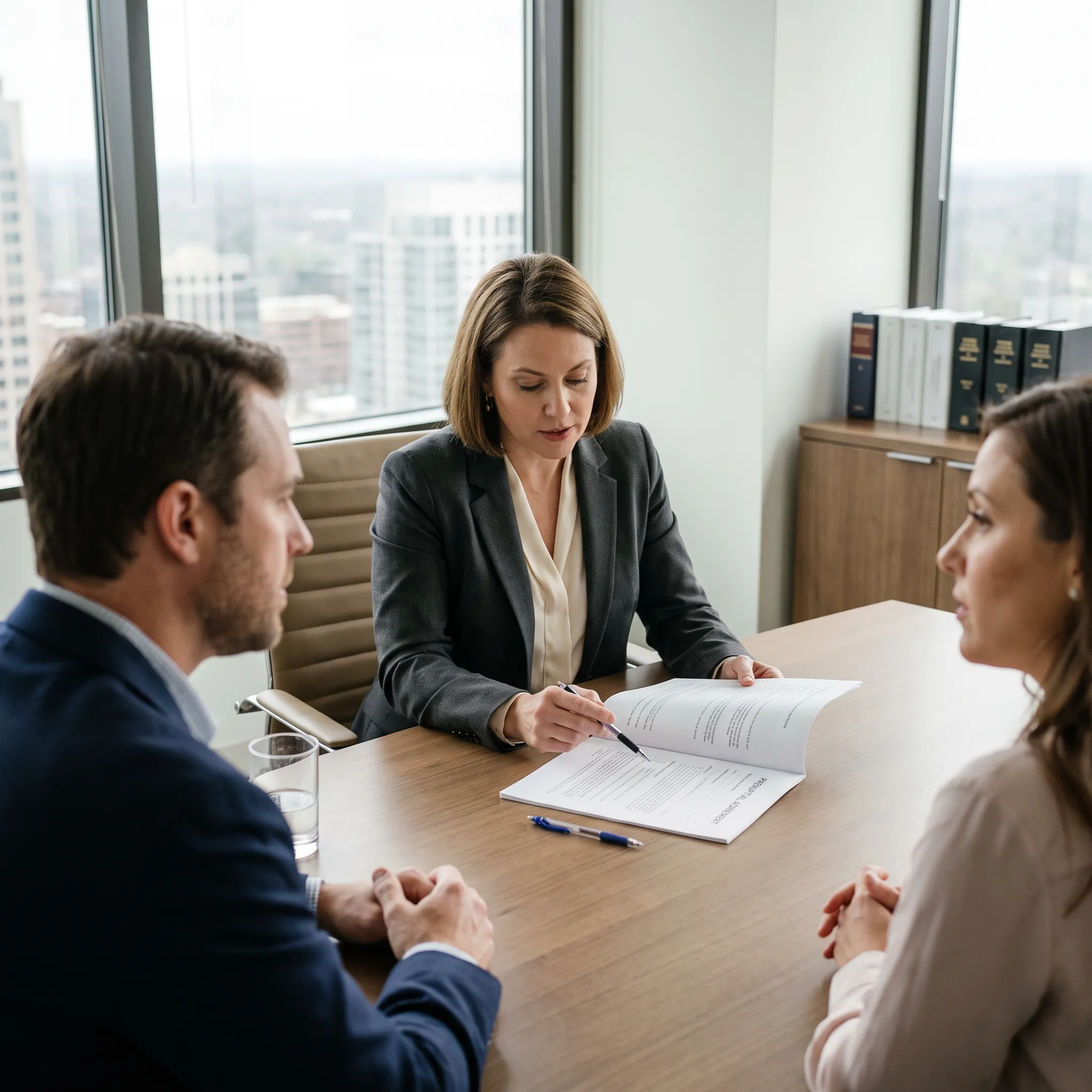 Attorney reviewing prenuptial agreement documents with a couple