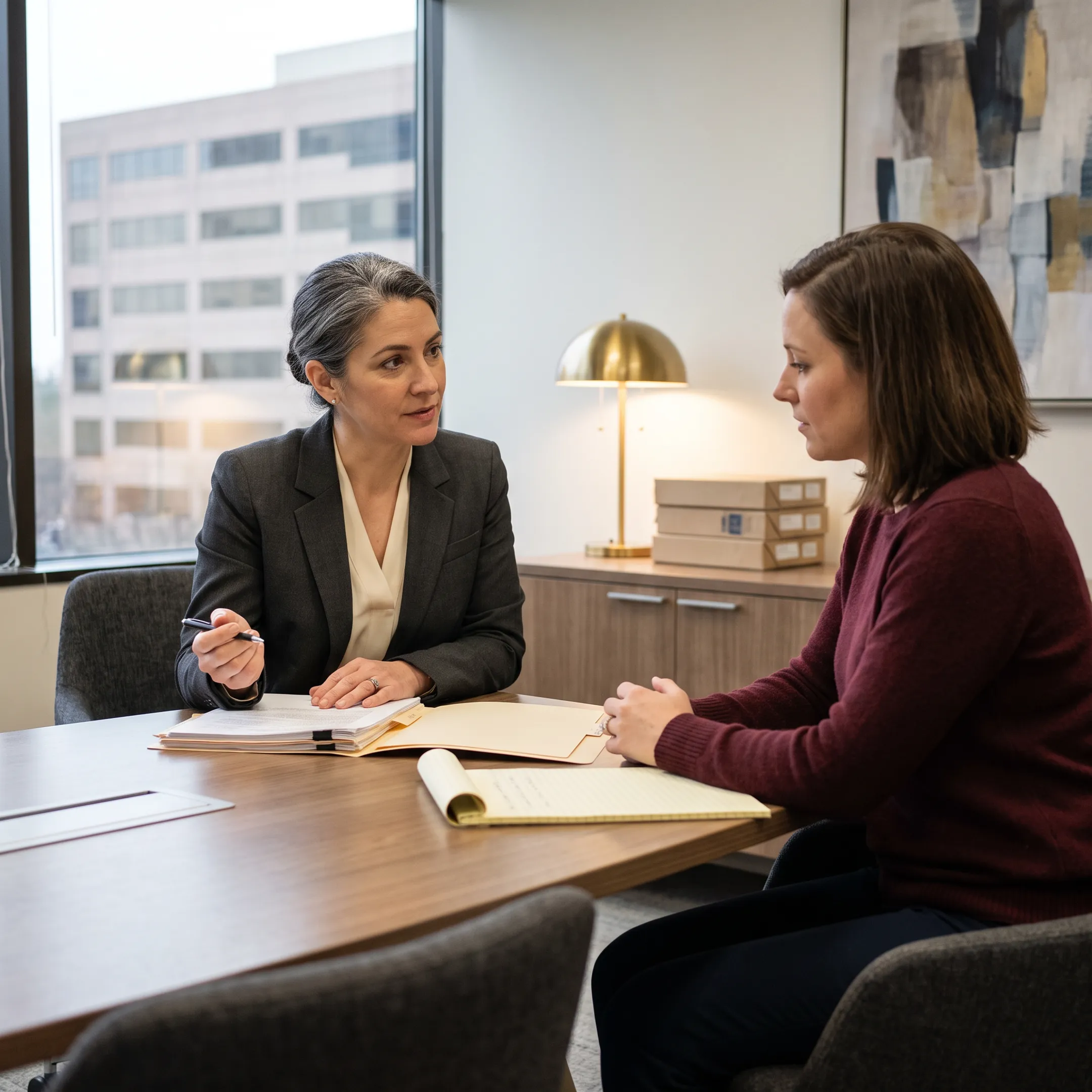 Georgia divorce attorney discussing case documents with client in a law office
