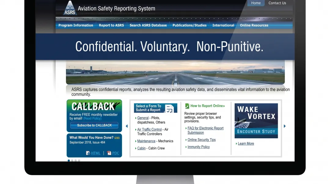 NASA Aviation Safety Reporting System voluntary confidential reporting interface screenshot