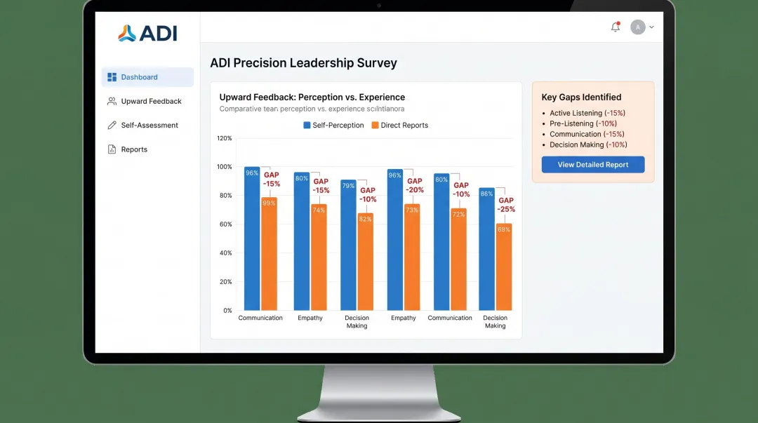 ADI Precision Leadership Survey upward feedback dashboard showing leader self-perception gap