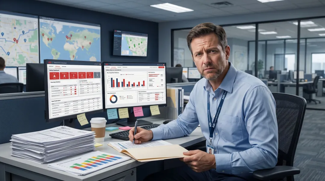 Frustrated fleet safety manager reviewing recurring driver violation reports at office desk