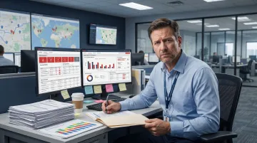 Frustrated fleet safety manager reviewing recurring driver violation reports at office desk