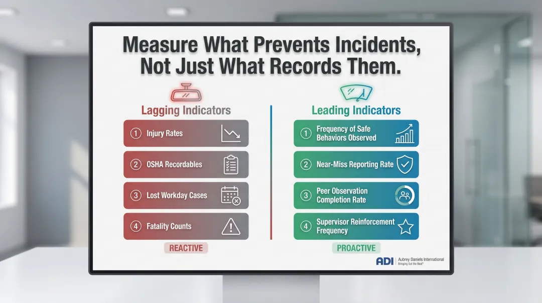 Leading versus lagging safety indicators comparison showing proactive versus reactive measurement metrics