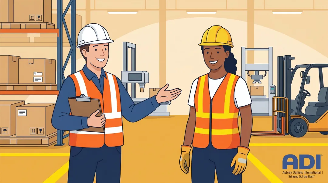 Workplace supervisor reinforcing safe behavior during facility walkthrough with frontline worker