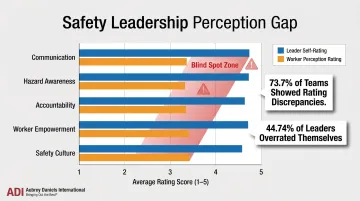 Leader self-rating versus worker perception gap analysis bar chart infographic