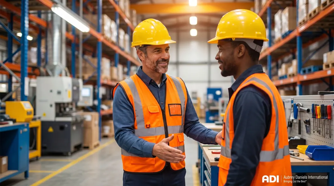 Safety leader providing specific positive recognition to frontline worker on job site