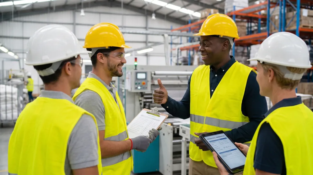 ADI behavioral safety coaching session with frontline workers and supervisor in industrial facility