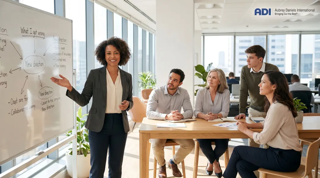 Leader authentically modeling culture change in open team discussion with employees
