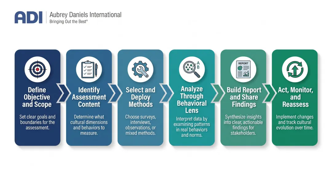 Six-step organizational culture assessment process flow from objective to reassessment