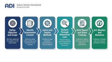 Six-step organizational culture assessment process flow from objective to reassessment