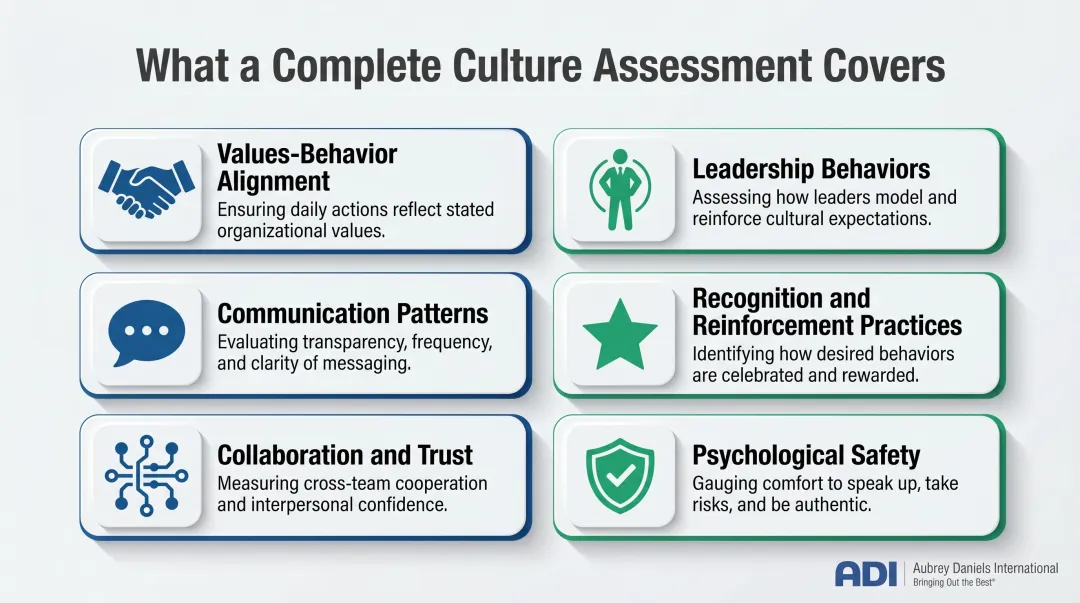 Comprehensive organizational culture assessment components checklist infographic