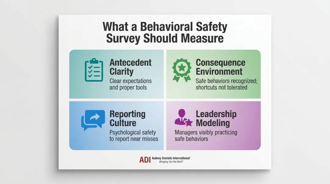 Four core areas of behavioral safety survey design framework infographic