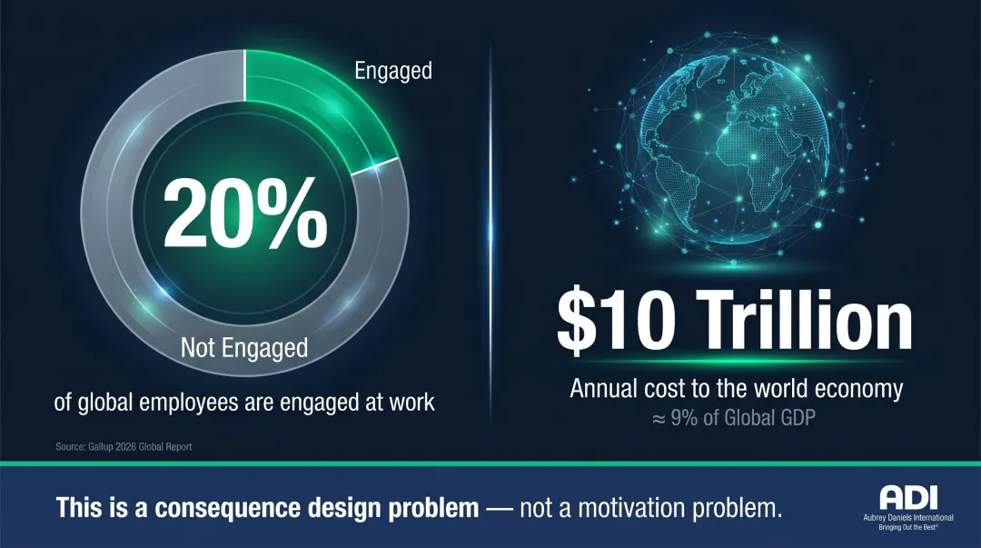 Gallup 2025 global employee engagement statistics showing 20 percent engaged and 10 trillion cost