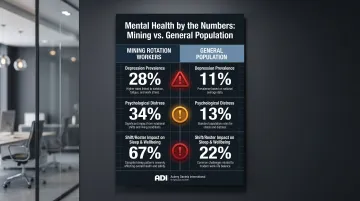Mining rotation worker mental health statistics versus general population comparison infographic