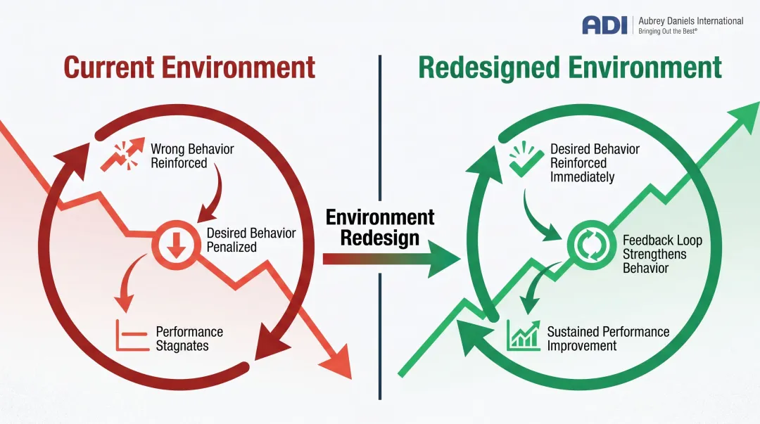 Consequence environment redesign framework showing wrong versus desired behavior reinforcement cycle