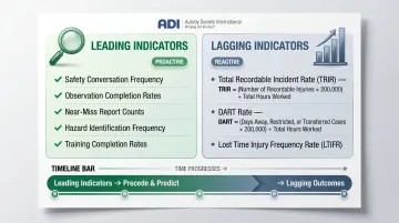 Leading versus lagging safety indicators comparison with example metrics and formulas